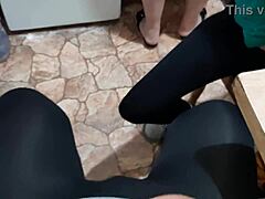 Stepson and stepdaughter pleasure themselves while she cooks
