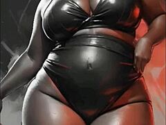 Ibu rumah tangga kulit hitam dengan pantat besar dan perut dalam posisi berdiri