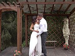 Bride gives a blowjob and gets fucked on her wedding day in the open air