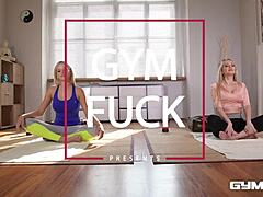 Yoga lovers Ria Sunn and Amber Jayne engage in a steamy gym session