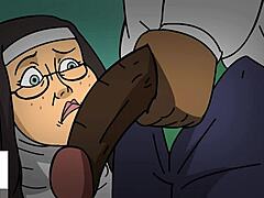 Reife Nonne gibt sich Dirty Talk hin und genießt einen schwarzen Schwanz in Anime-Hentai-Video