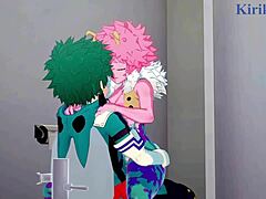 Mina Ashido, Momo Yaoyorozu a Izuku Midoriya sa zapájajú do intenzívnej trojky v hentai My Hero Academia