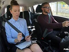 Busty milf gets a closeup view of her natural tits while driving student
